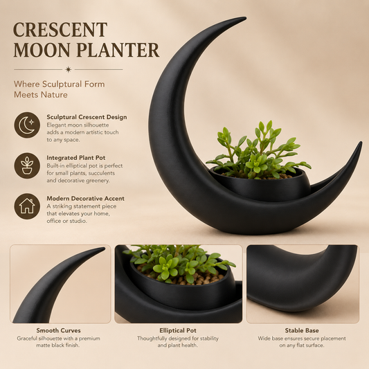 Crescent Moon Planter, 3D Printed Black Moon Plant Pot, Sculptural Succulent Planter, Modern Home Decor, Unique Plant Lover Gift