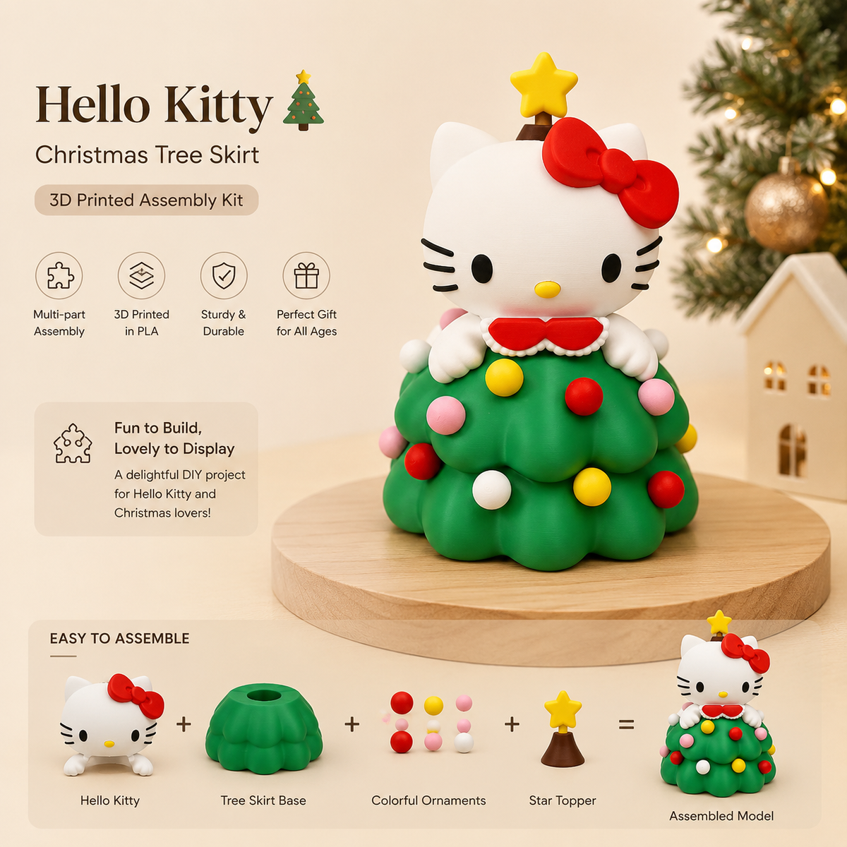3D Printed Christmas Cat Tree Decoration – DIY Assemble Holiday Tabletop Ornament