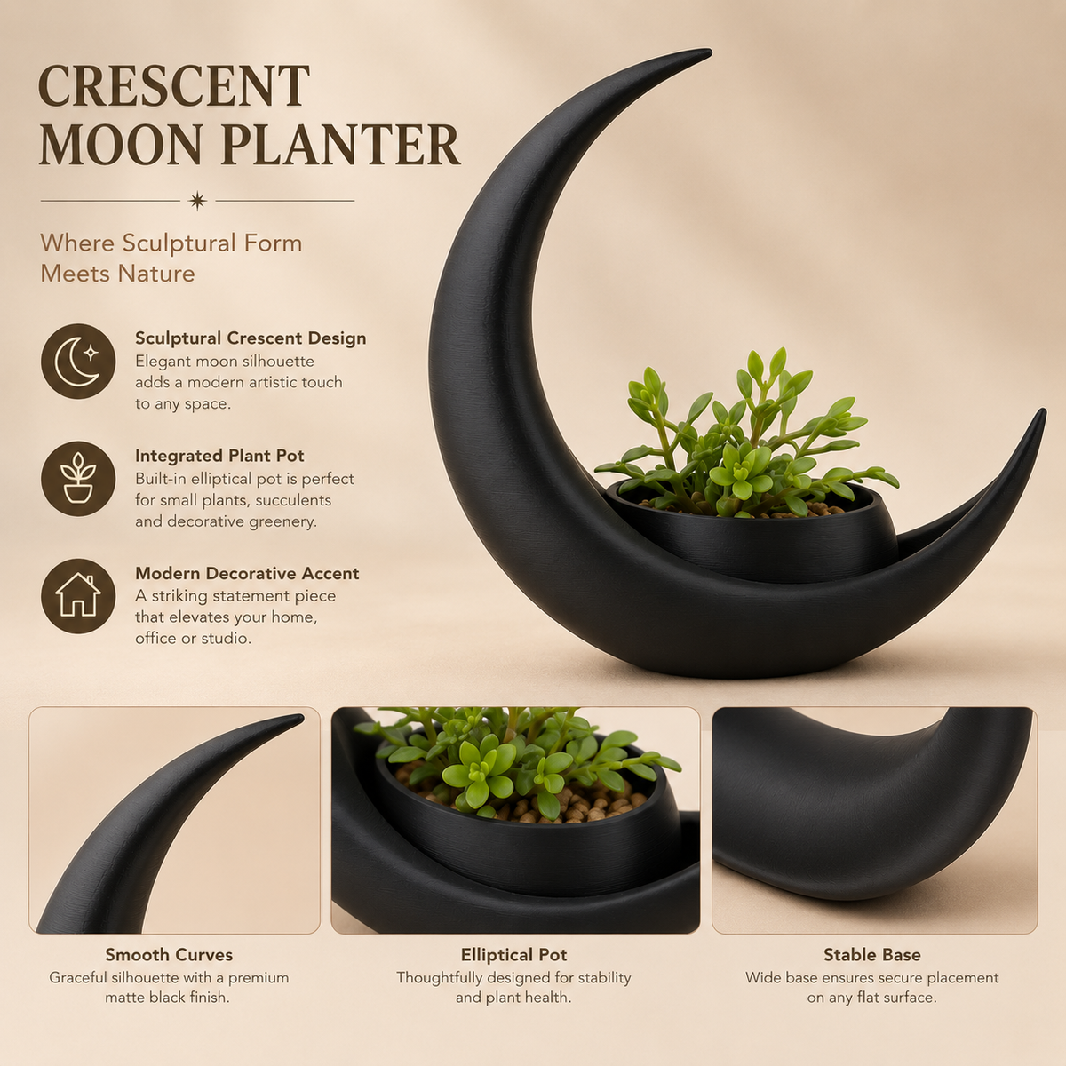 Crescent Moon Planter, 3D Printed Black Moon Plant Pot, Sculptural Succulent Planter, Modern Home Decor, Unique Plant Lover Gift