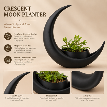 Crescent Moon Planter, 3D Printed Black Moon Plant Pot, Sculptural Succulent Planter, Modern Home Decor, Unique Plant Lover Gift