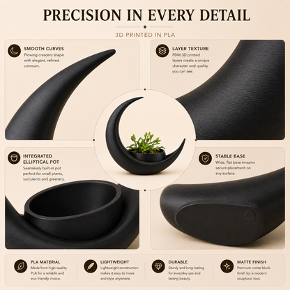 Crescent Moon Planter, 3D Printed Black Moon Plant Pot, Sculptural Succulent Planter, Modern Home Decor, Unique Plant Lover Gift