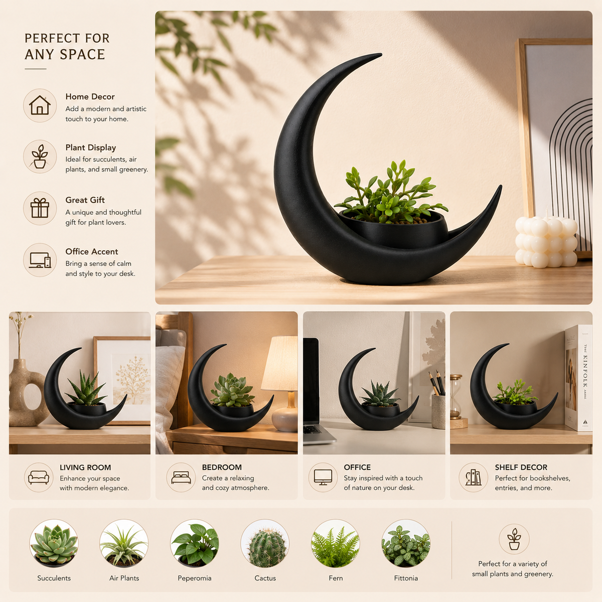 Crescent Moon Planter, 3D Printed Black Moon Plant Pot, Sculptural Succulent Planter, Modern Home Decor, Unique Plant Lover Gift