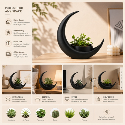 Crescent Moon Planter, 3D Printed Black Moon Plant Pot, Sculptural Succulent Planter, Modern Home Decor, Unique Plant Lover Gift