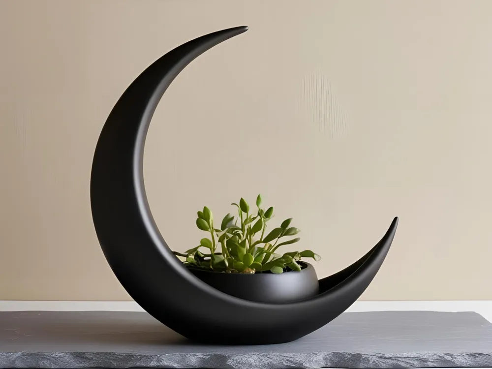 Crescent Moon Planter, 3D Printed Black Moon Plant Pot, Sculptural Succulent Planter, Modern Home Decor, Unique Plant Lover Gift