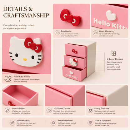 Cute 3-drawer mini organizer for jewelry, cosmetics, stationery and small accessories. A charming 3D printed kawaii storage box for desks, vanities and room decor.