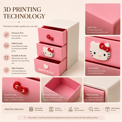 Cute 3-drawer mini organizer for jewelry, cosmetics, stationery and small accessories. A charming 3D printed kawaii storage box for desks, vanities and room decor.