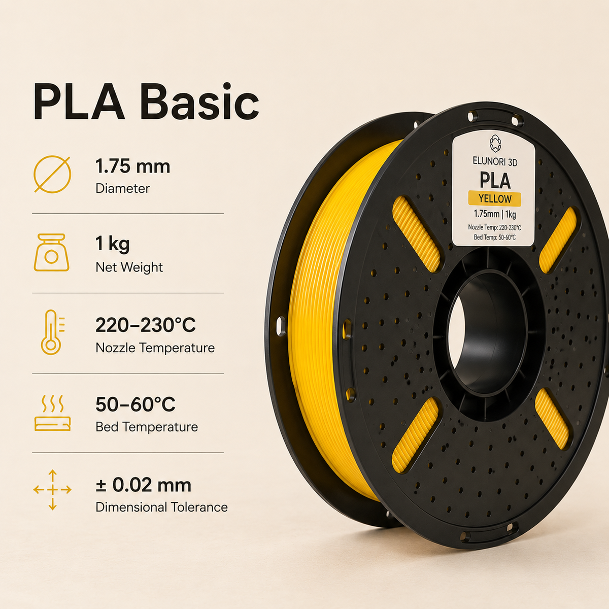 PLA Basic Filament 1.75mm 1KG, High Quality PLA Basic for FDM 3D Printers, ELUNORI 3D