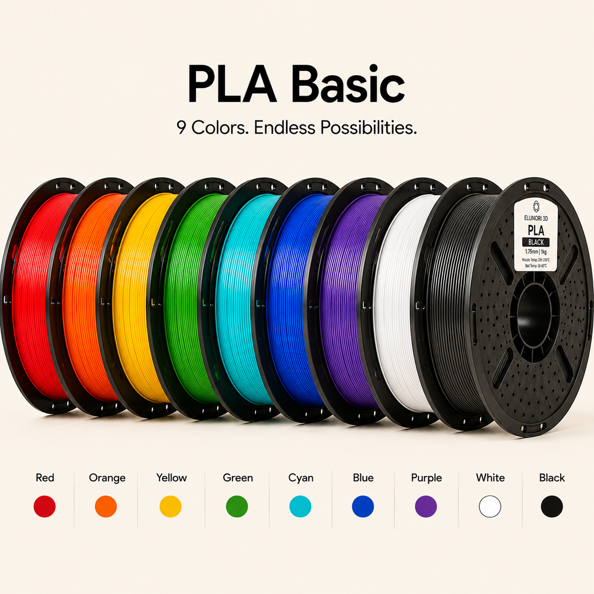PLA Basic Filament 1.75mm 1KG, High Quality PLA Basic for FDM 3D Printers, ELUNORI 3D